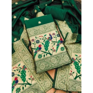 Generic Women's Banarasi Silk Printed Unstitched Salwar Suit Material With Dupatta (Bottle Green, 3Mtrs)