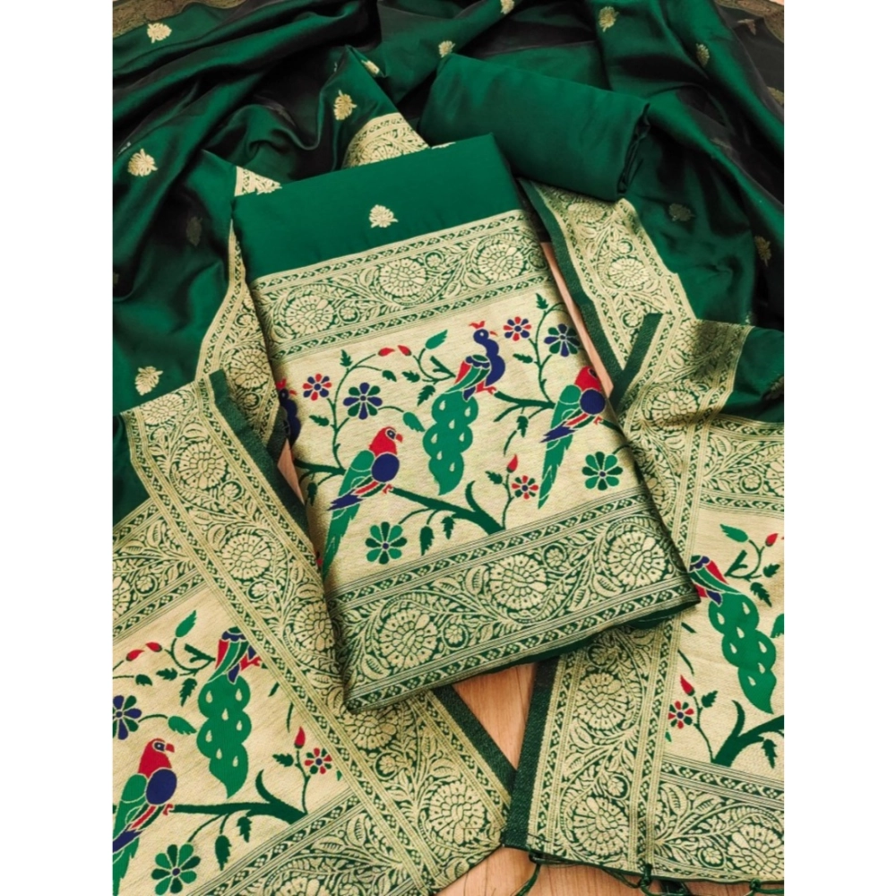 Generic Women's Banarasi Silk Printed Unstitched Salwar Suit Material With Dupatta (Bottle Green, 3Mtrs)