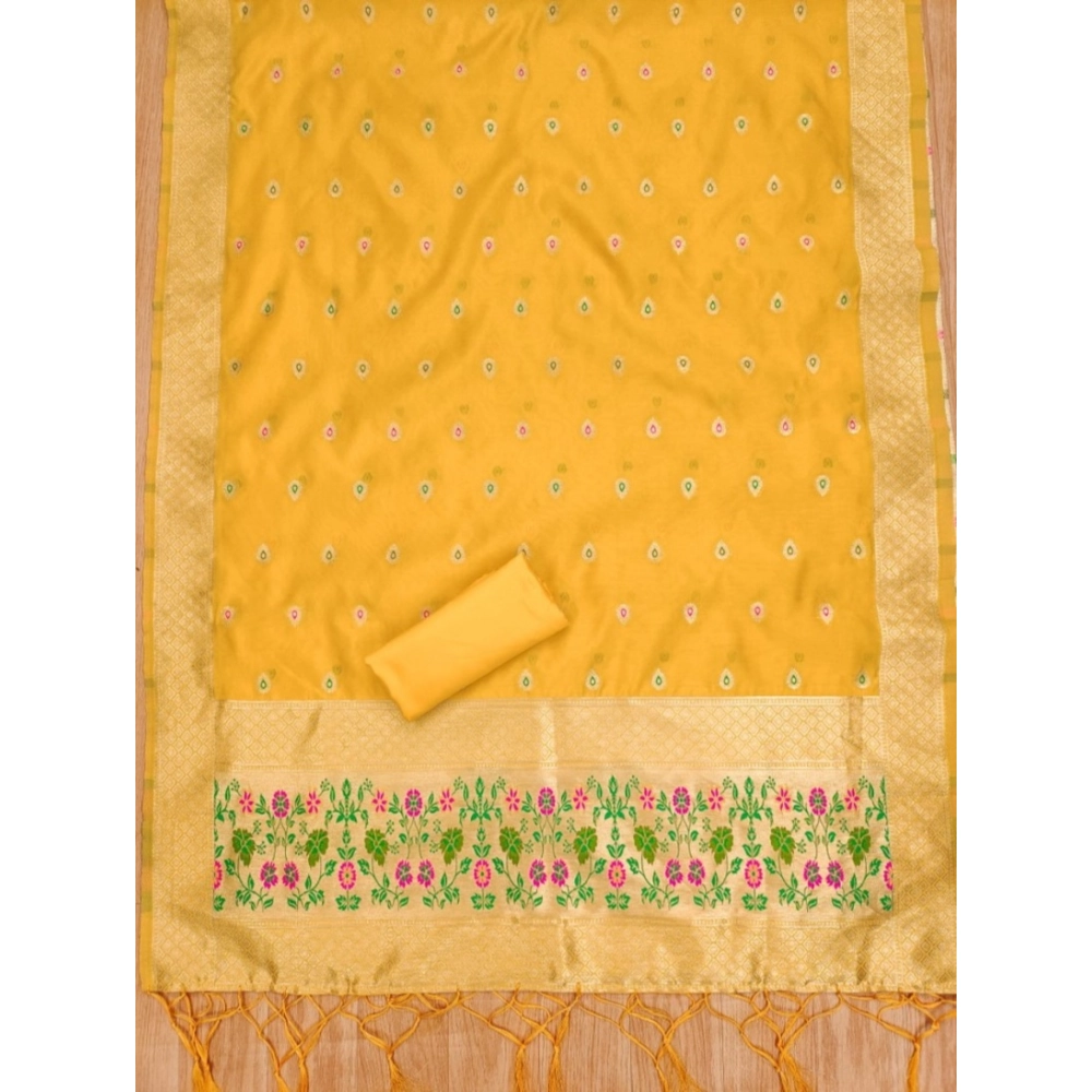 Generic Women's Banarasi Silk Printed Unstitched Salwar Suit Material With Dupatta (Yellow, 3Mtrs) - Image 2