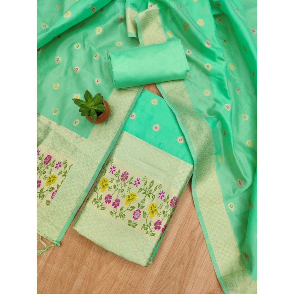 Generic Women's Banarasi Silk Printed Unstitched Salwar Suit Material With Dupatta (Sea Green, 3Mtrs) - Image 4