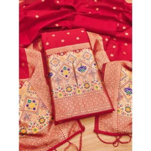 Generic Women's Banarasi Silk Printed Unstitched Salwar Suit Material With Dupatta (Red, 3Mtrs)