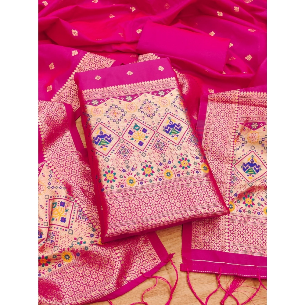 Generic Women's Banarasi Silk Printed Unstitched Salwar Suit Material With Dupatta (Pink, 3Mtrs)