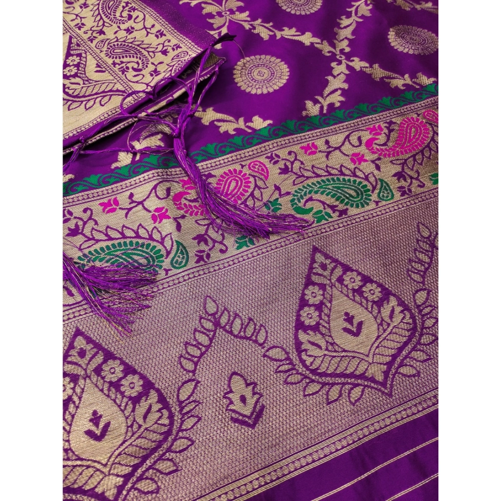 Generic Women's Banarasi Silk Printed Unstitched Salwar Suit Material With Dupatta (Purple, 3Mtrs) - Image 2