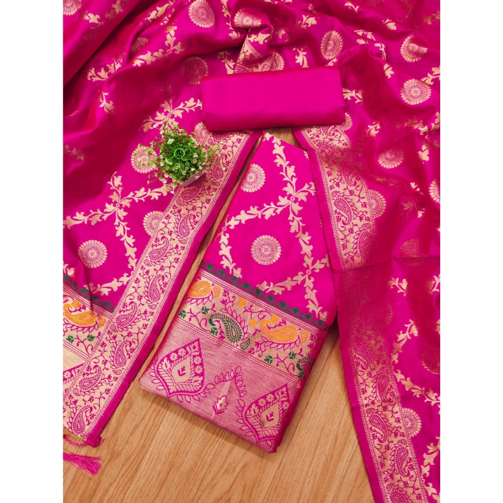 Generic Women's Banarasi Silk Printed Unstitched Salwar Suit Material With Dupatta (Pink, 3Mtrs) - Image 4