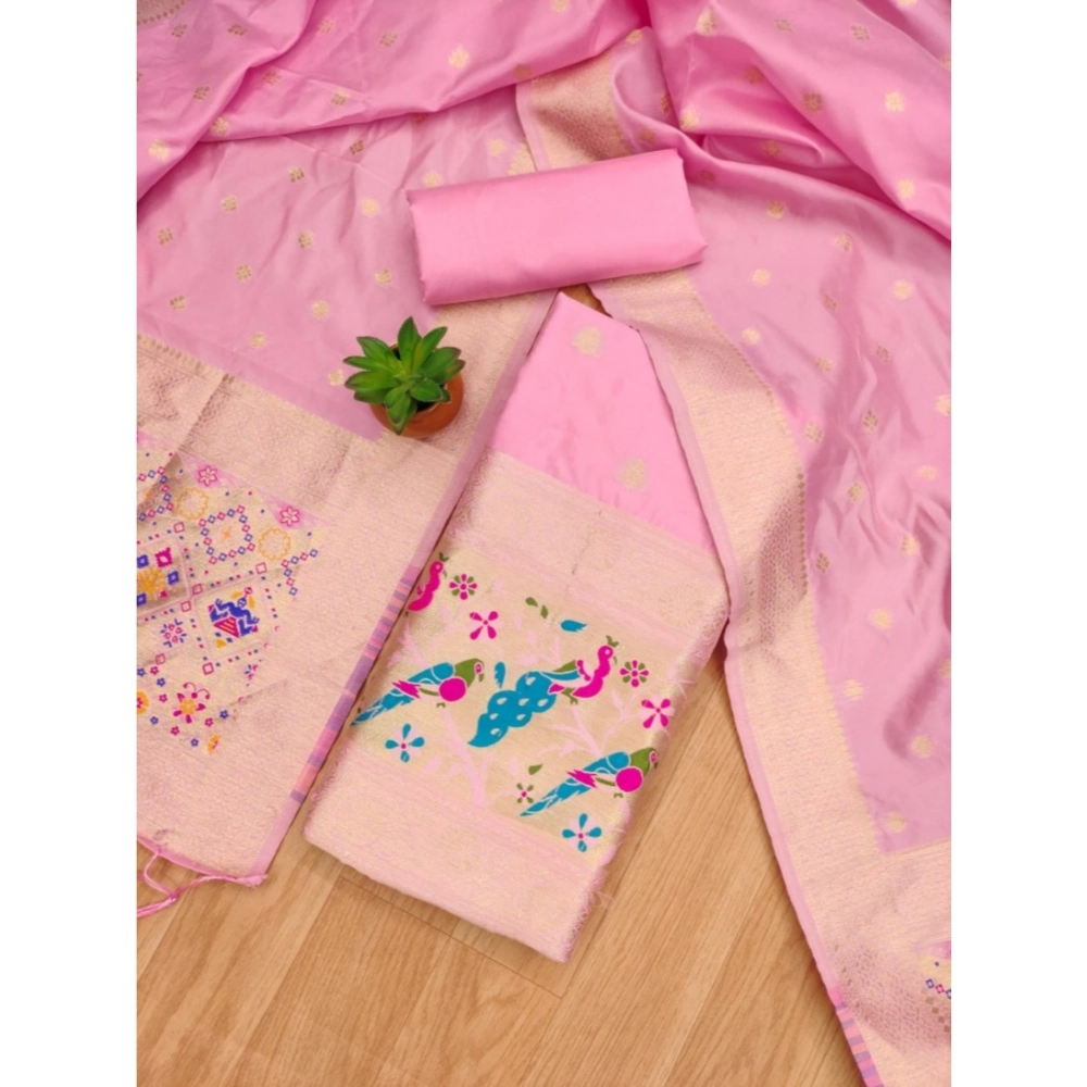 Generic Women's Banarasi Silk Printed Unstitched Salwar Suit Material With Dupatta (Light Pink, 3Mtrs) - Image 4