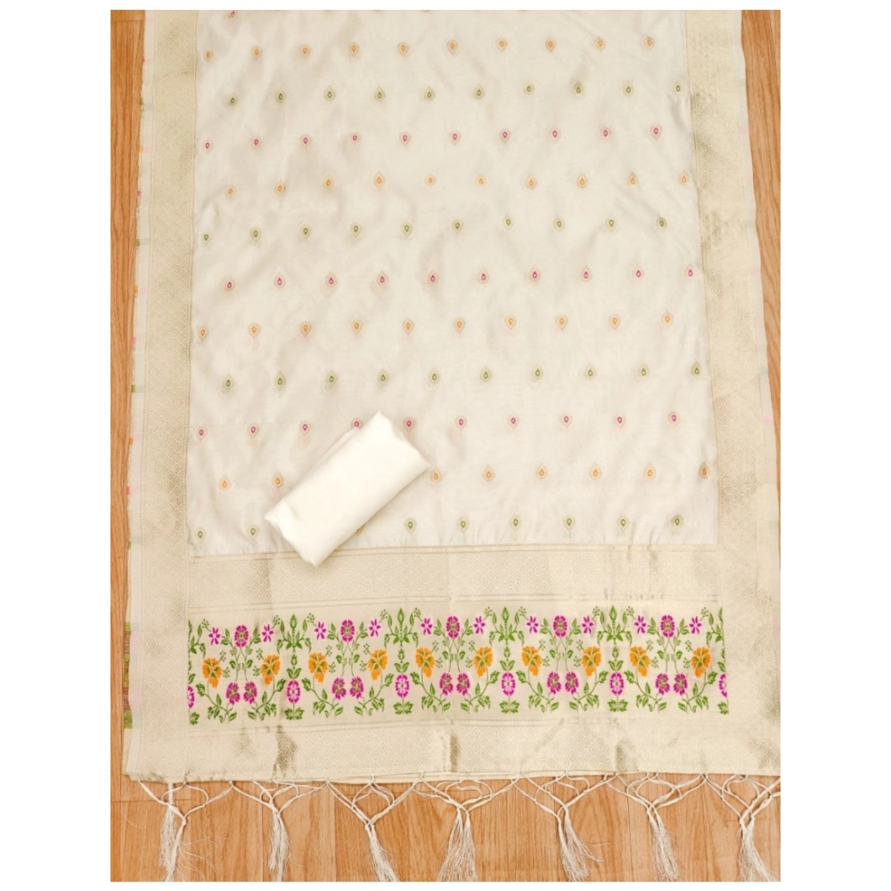 Generic Women's Banarasi Silk Printed Unstitched Salwar Suit Material With Dupatta (White, 3Mtrs) - Image 2