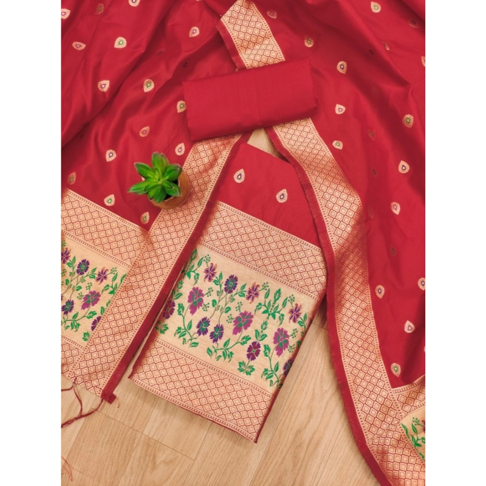 Generic Women's Banarasi Silk Printed Unstitched Salwar Suit Material With Dupatta (Red, 3Mtrs) - Image 4