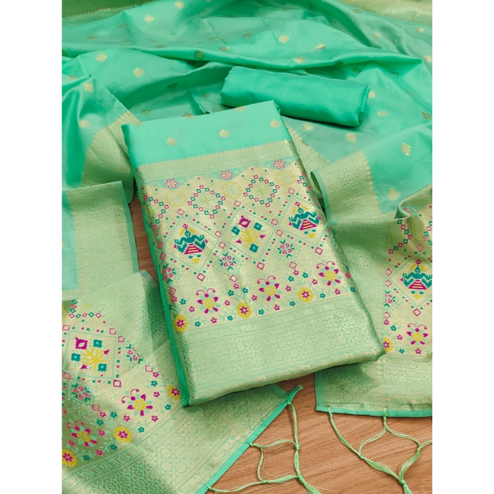 Generic Women's Banarasi Silk Printed Unstitched Salwar Suit Material With Dupatta (Sea Green, 3Mtrs)