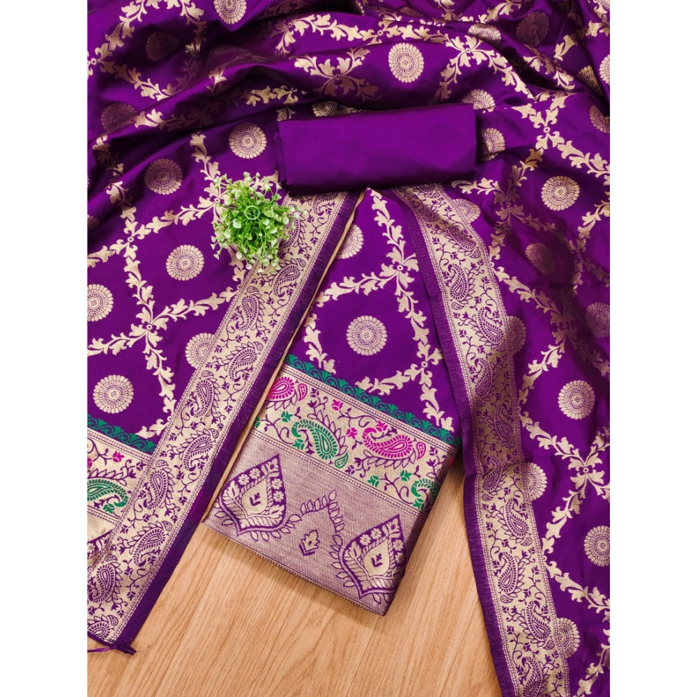 Generic Women's Banarasi Silk Printed Unstitched Salwar Suit Material With Dupatta (Purple, 3Mtrs) - Image 4