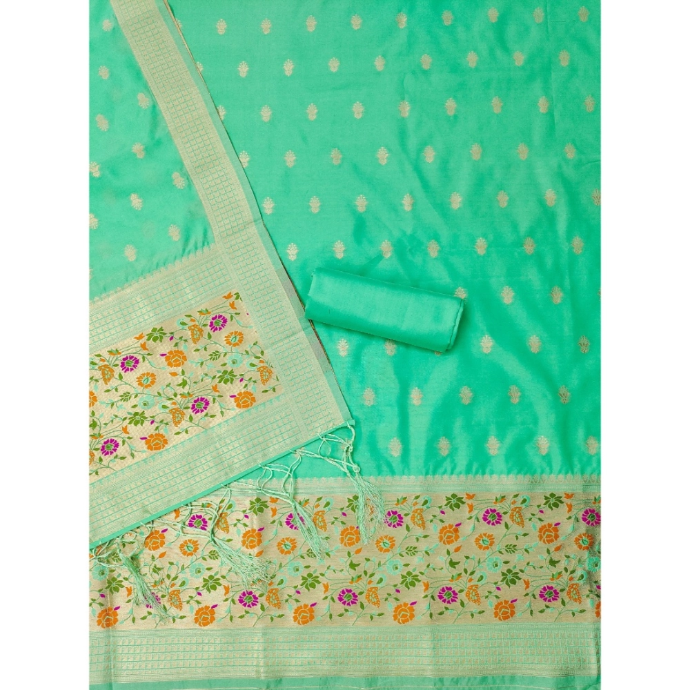 Generic Women's Banarasi Silk Printed Unstitched Salwar Suit Material With Dupatta (Sea Green, 3Mtrs) - Image 3