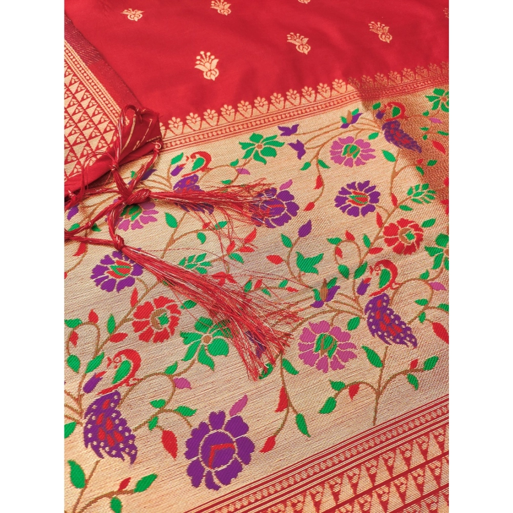 Generic Women's Banarasi Silk Printed Unstitched Salwar Suit Material With Dupatta (Red, 3Mtrs) - Image 2