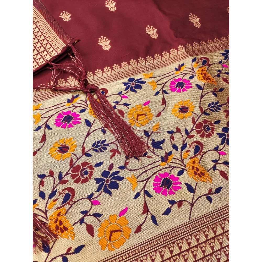Generic Women's Banarasi Silk Printed Unstitched Salwar Suit Material With Dupatta (Maroon, 3Mtrs) - Image 2