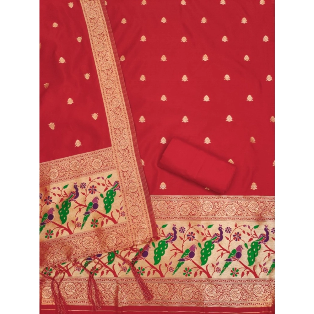 Generic Women's Banarasi Silk Printed Unstitched Salwar Suit Material With Dupatta (Red, 3Mtrs) - Image 3
