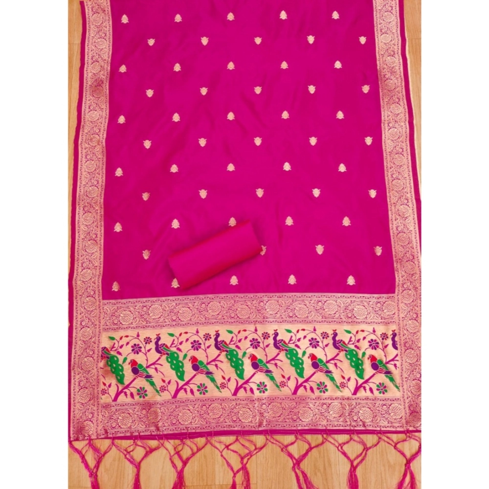 Generic Women's Banarasi Silk Printed Unstitched Salwar Suit Material With Dupatta (Pink, 3Mtrs) - Image 2