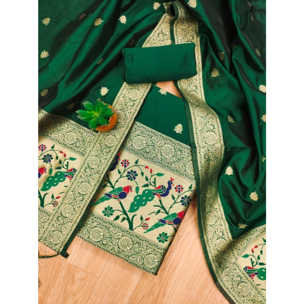 Generic Women's Banarasi Silk Printed Unstitched Salwar Suit Material With Dupatta (Bottle Green, 3Mtrs) - Image 4