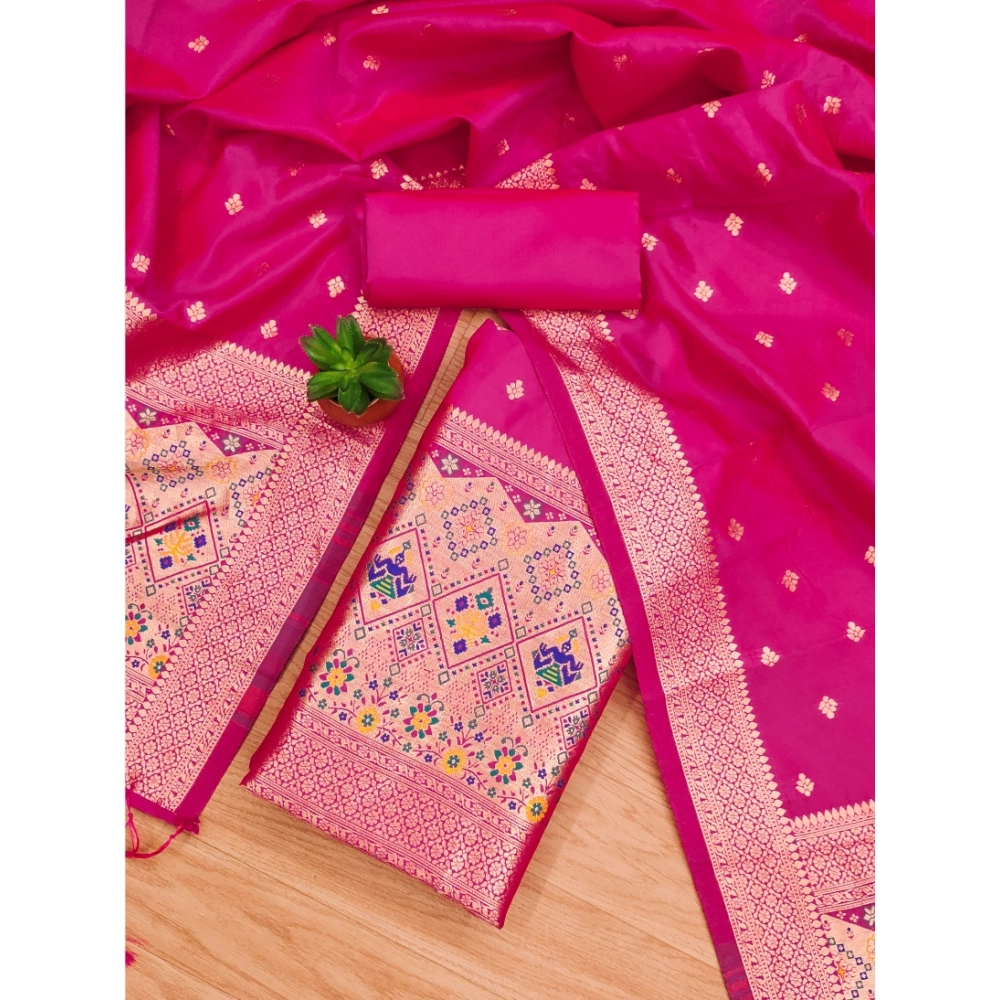 Generic Women's Banarasi Silk Printed Unstitched Salwar Suit Material With Dupatta (Pink, 3Mtrs) - Image 4