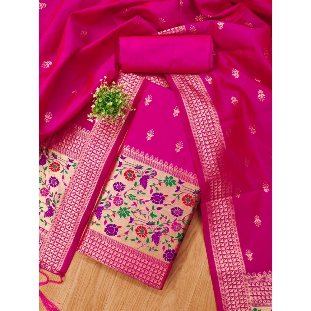 Generic Women's Banarasi Silk Printed Unstitched Salwar Suit Material With Dupatta (Pink, 3Mtrs) - Image 4