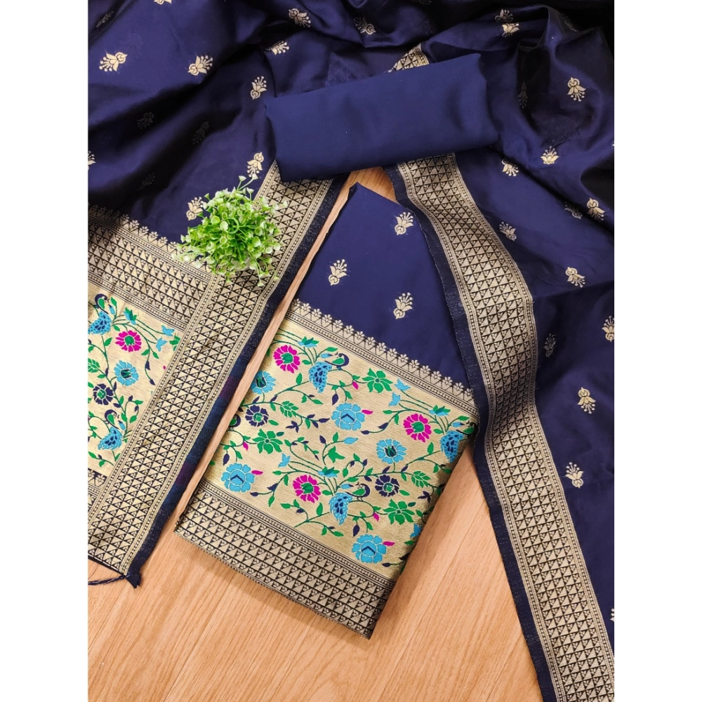 Generic Women's Banarasi Silk Printed Unstitched Salwar Suit Material With Dupatta (Navy Blue, 3Mtrs) - Image 2