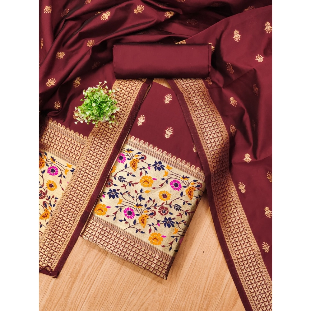 Generic Women's Banarasi Silk Printed Unstitched Salwar Suit Material With Dupatta (Maroon, 3Mtrs) - Image 4