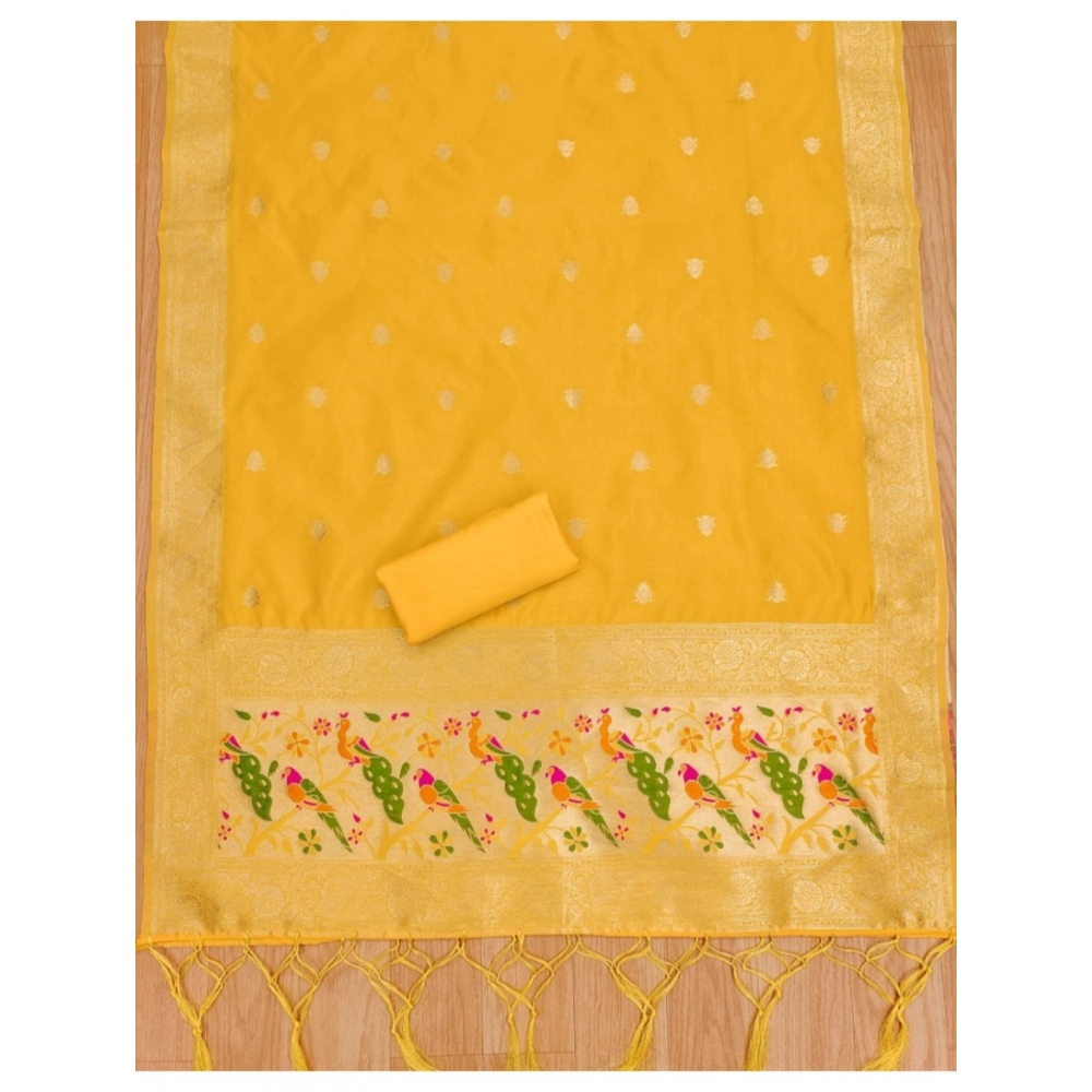 Generic Women's Banarasi Silk Printed Unstitched Salwar Suit Material With Dupatta (Yellow, 3Mtrs) - Image 2