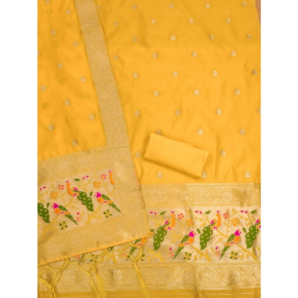 Generic Women's Banarasi Silk Printed Unstitched Salwar Suit Material With Dupatta (Yellow, 3Mtrs) - Image 3