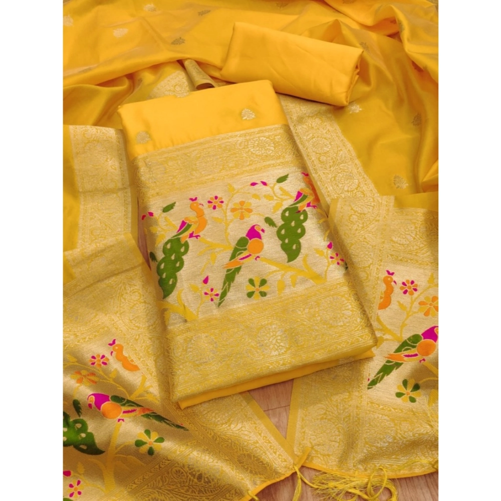 Generic Women's Banarasi Silk Printed Unstitched Salwar Suit Material With Dupatta (Yellow, 3Mtrs)