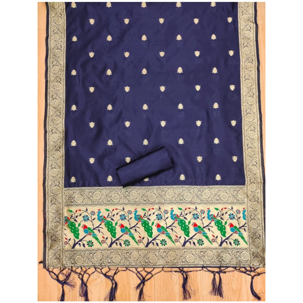 Generic Women's Banarasi Silk Printed Unstitched Salwar Suit Material With Dupatta (Navy Blue, 3Mtrs) - Image 2