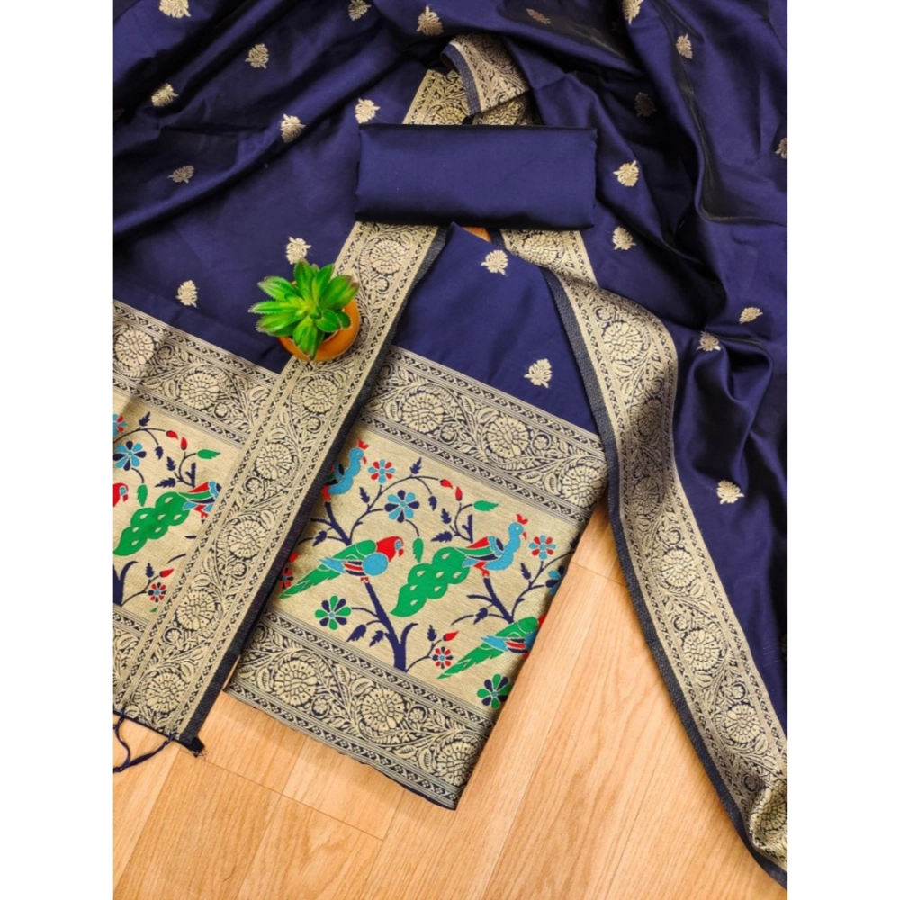 Generic Women's Banarasi Silk Printed Unstitched Salwar Suit Material With Dupatta (Navy Blue, 3Mtrs) - Image 4