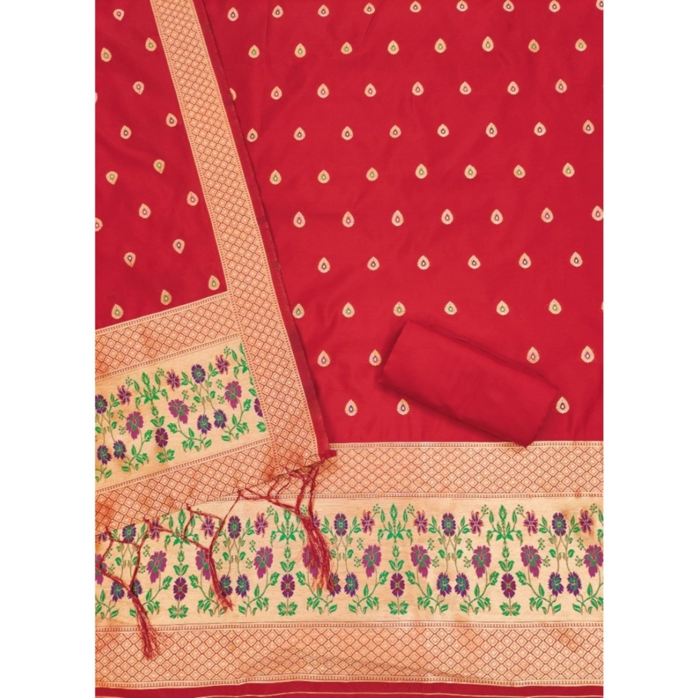 Generic Women's Banarasi Silk Printed Unstitched Salwar Suit Material With Dupatta (Red, 3Mtrs) - Image 3