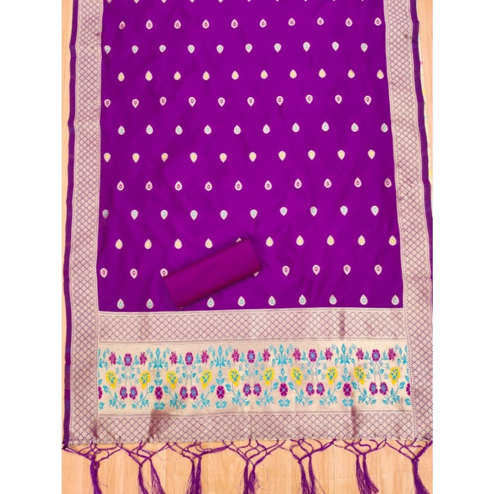Generic Women's Banarasi Silk Printed Unstitched Salwar Suit Material With Dupatta (Purple, 3Mtrs) - Image 2