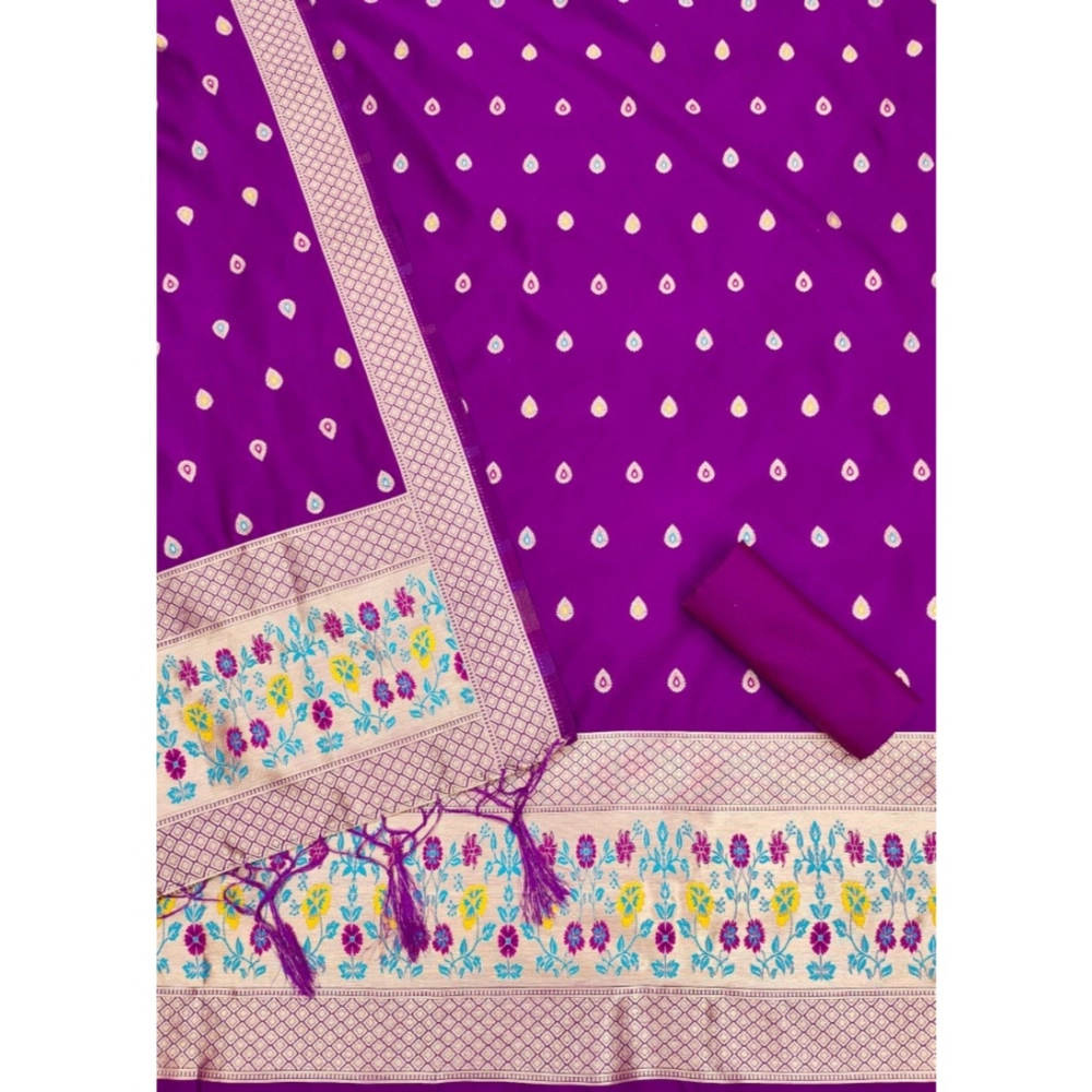 Generic Women's Banarasi Silk Printed Unstitched Salwar Suit Material With Dupatta (Purple, 3Mtrs) - Image 3