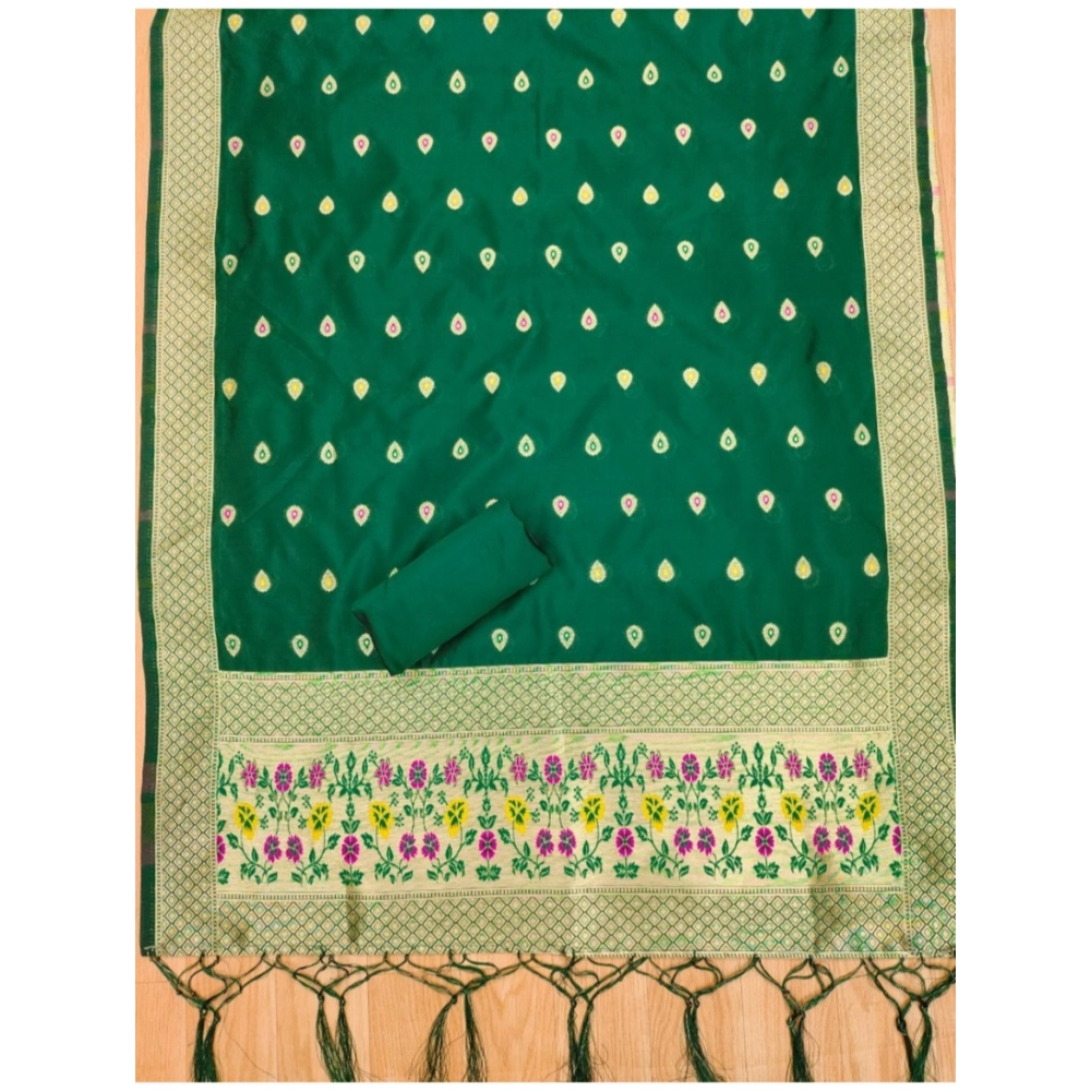 Generic Women's Banarasi Silk Printed Unstitched Salwar Suit Material With Dupatta (Bottle Green, 3Mtrs) - Image 2