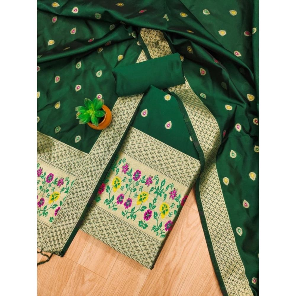 Generic Women's Banarasi Silk Printed Unstitched Salwar Suit Material With Dupatta (Bottle Green, 3Mtrs) - Image 4