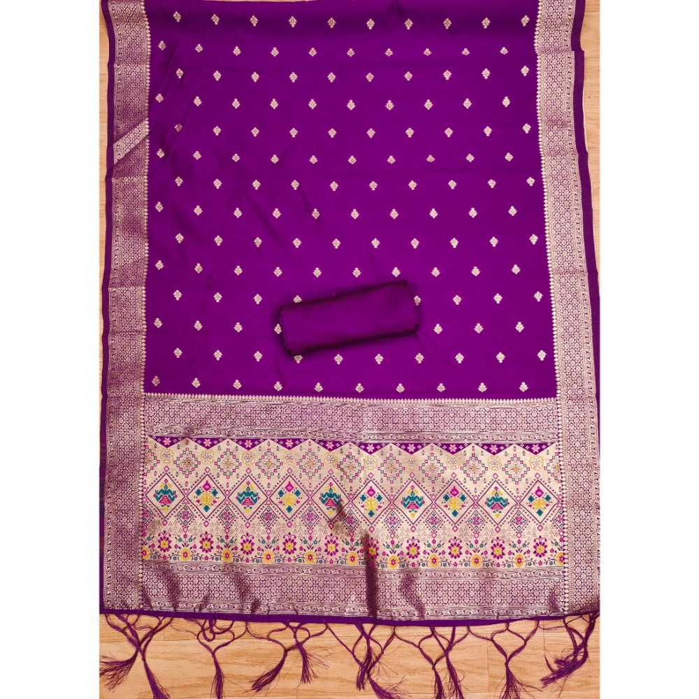 Generic Women's Banarasi Silk Printed Unstitched Salwar Suit Material With Dupatta (Purple, 3Mtrs) - Image 2