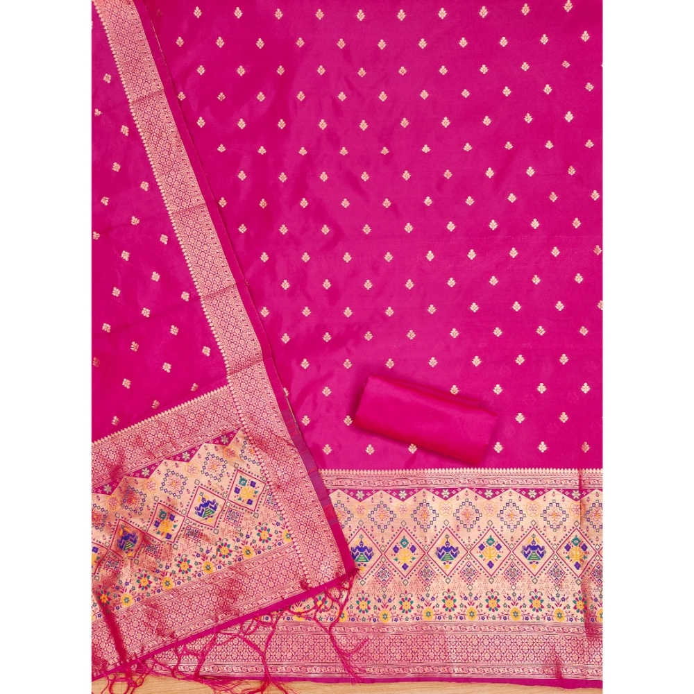 Generic Women's Banarasi Silk Printed Unstitched Salwar Suit Material With Dupatta (Pink, 3Mtrs) - Image 3