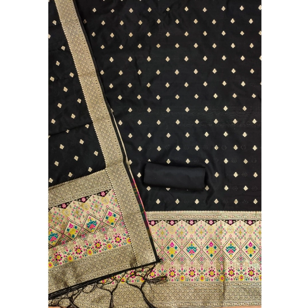 Generic Women's Banarasi Silk Printed Unstitched Salwar Suit Material With Dupatta (Black, 3Mtrs) - Image 3