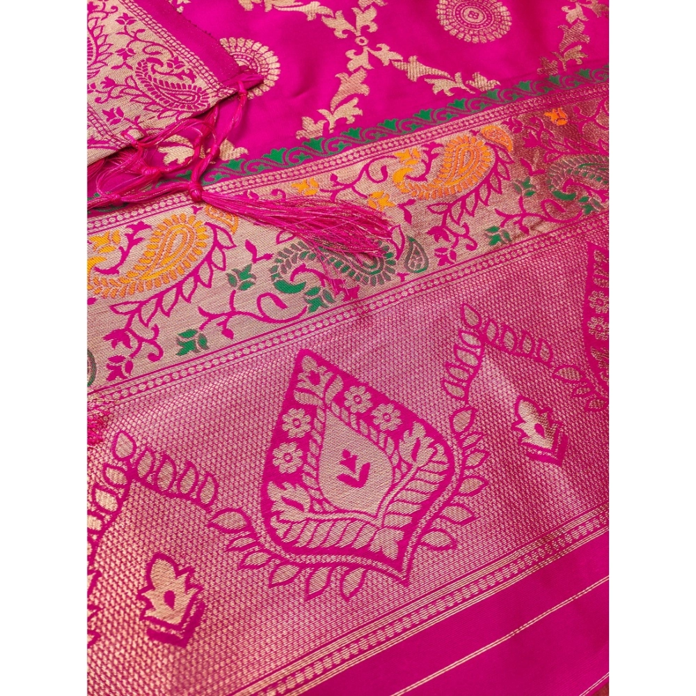 Generic Women's Banarasi Silk Printed Unstitched Salwar Suit Material With Dupatta (Pink, 3Mtrs) - Image 2