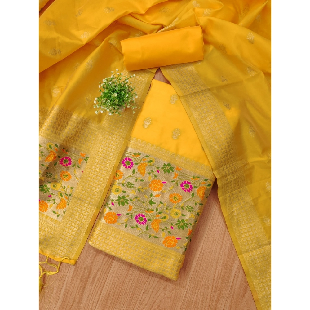 Generic Women's Banarasi Silk Printed Unstitched Salwar Suit Material With Dupatta (Yellow, 3Mtrs) - Image 4