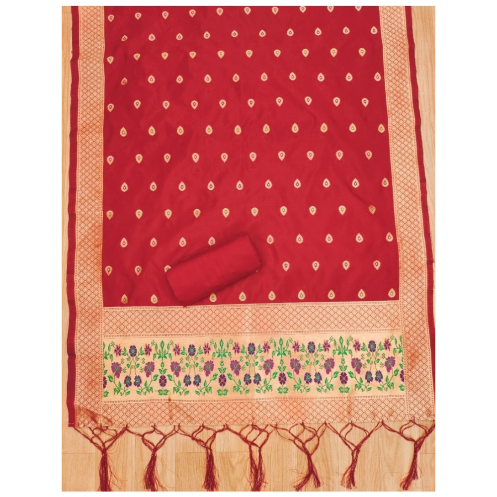 Generic Women's Banarasi Silk Printed Unstitched Salwar Suit Material With Dupatta (Red, 3Mtrs) - Image 2