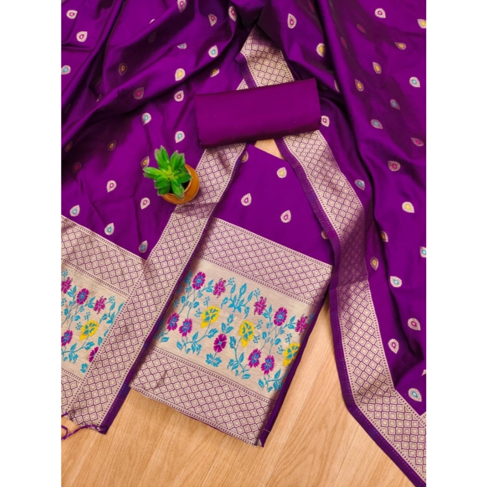 Generic Women's Banarasi Silk Printed Unstitched Salwar Suit Material With Dupatta (Purple, 3Mtrs) - Image 4