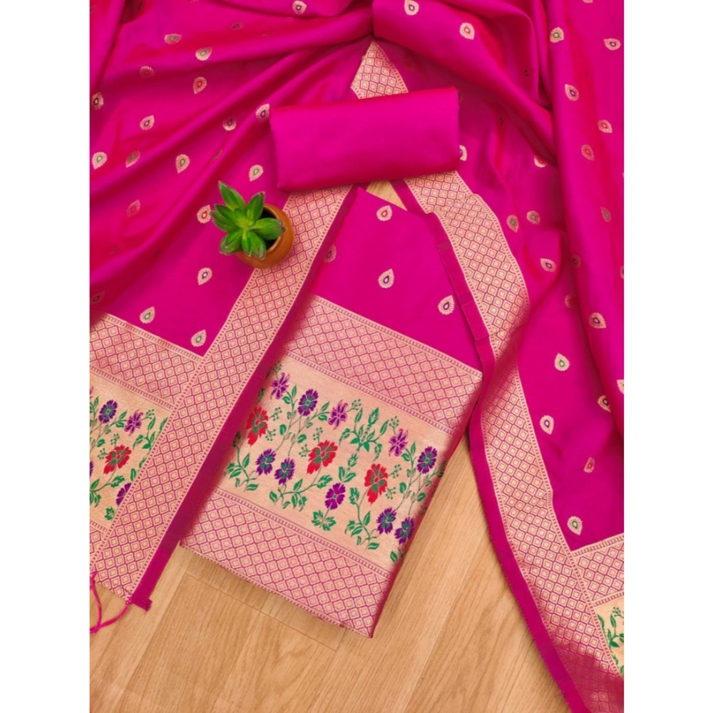 Generic Women's Banarasi Silk Printed Unstitched Salwar Suit Material With Dupatta (Pink, 3Mtrs) - Image 4