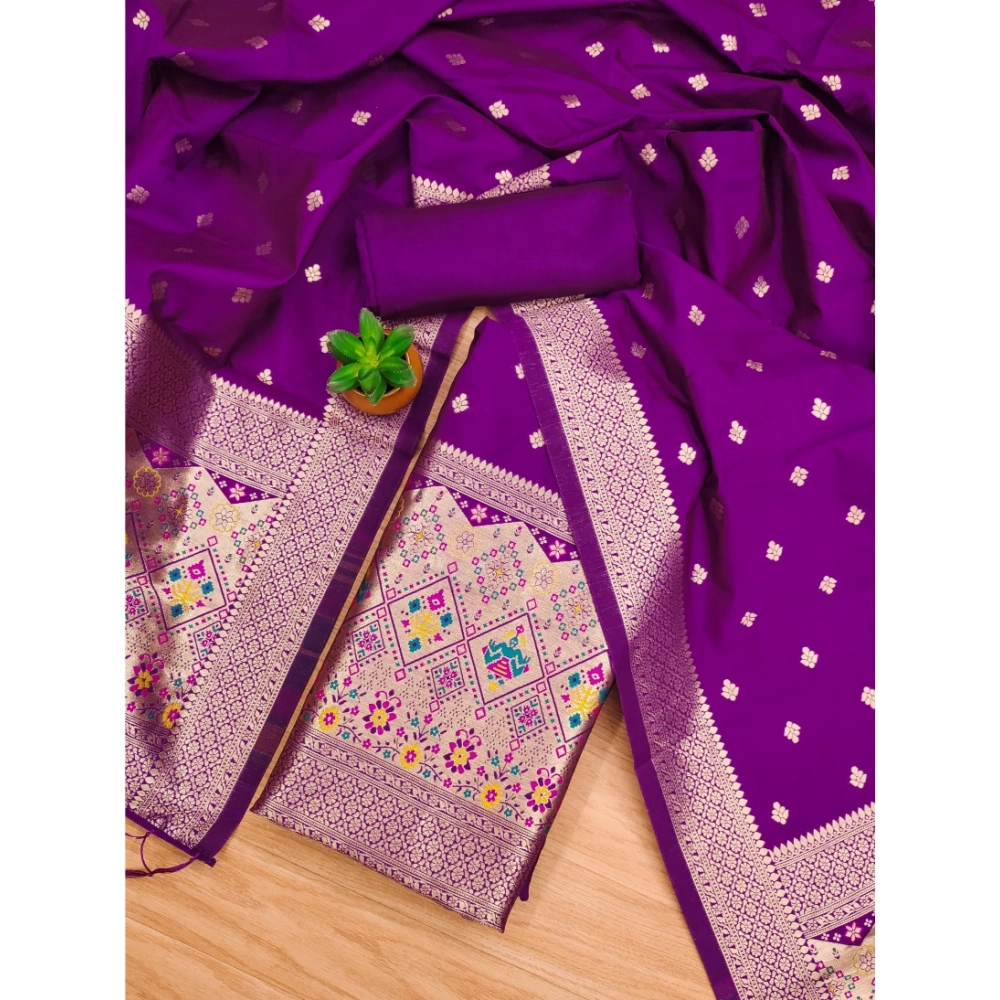 Generic Women's Banarasi Silk Printed Unstitched Salwar Suit Material With Dupatta (Purple, 3Mtrs) - Image 4