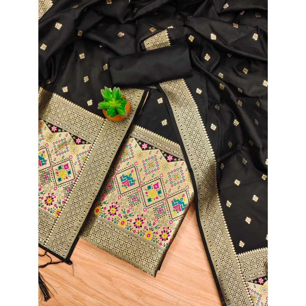 Generic Women's Banarasi Silk Printed Unstitched Salwar Suit Material With Dupatta (Black, 3Mtrs) - Image 4