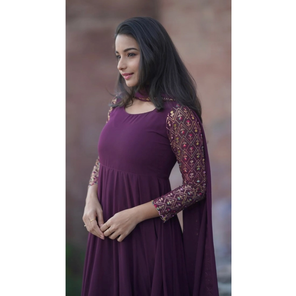 Generic Women's Georgette Embroidery 3-4th Sleeve Round Neck Kurti with Dupatta Set (Wine) - Image 3