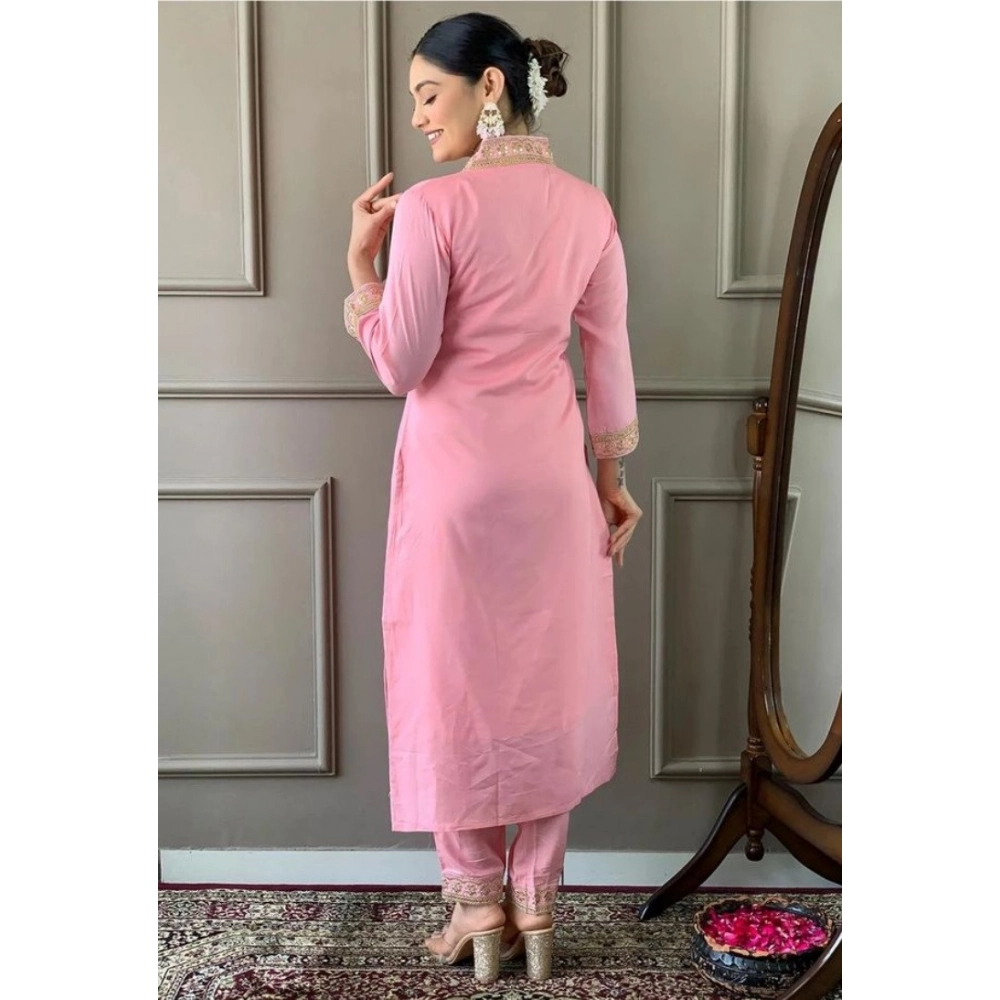Generic Women's Roman Silk Embroidery 3-4th Sleeve V-Neck Kurti With Pant Dupatta Set (Pink) - Image 3