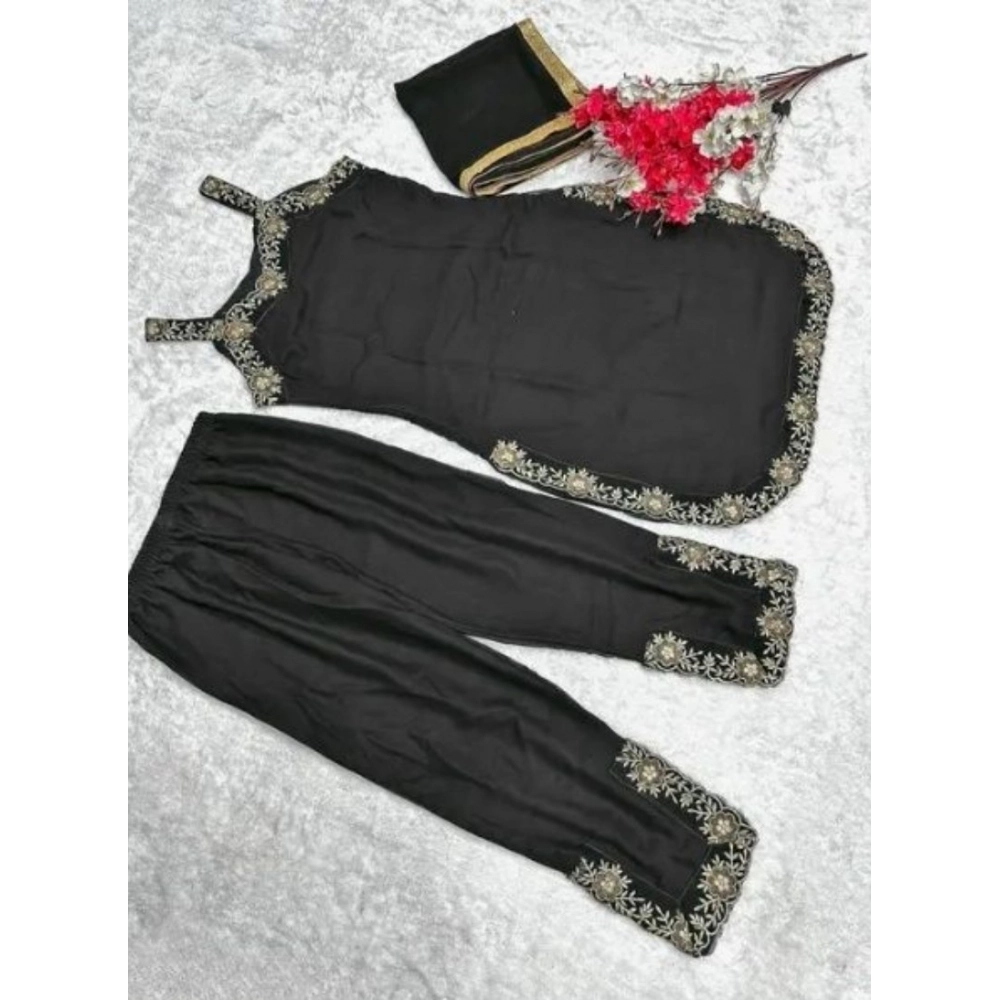 Generic Women's Georgette Embroidery Sleeveless Round Neck Kurti, Palazzo And Dupatta Set (Black) - Image 3