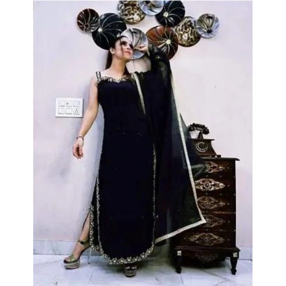 Generic Women's Georgette Embroidery Sleeveless Round Neck Kurti, Palazzo And Dupatta Set (Black)