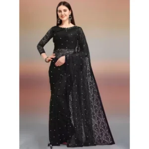Generic Women's Net Self Design Saree With Unstitched Blouse 5.5Mtr (Black)
