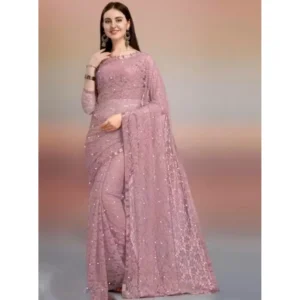 Generic Women's Net Self Design Saree With Unstitched Blouse 5.5Mtr (Light Brown)