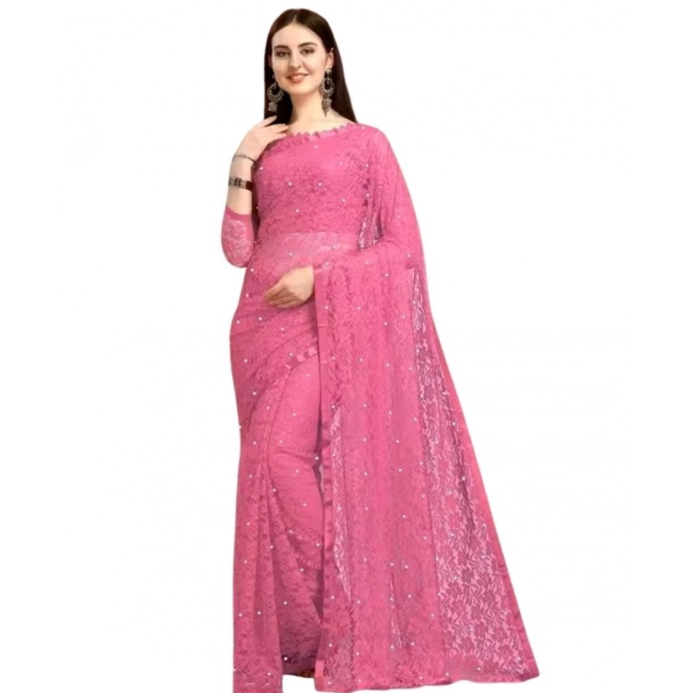 Generic Women's Net Self Design Saree With Unstitched Blouse 5.5Mtr (Dark Pink) - Image 4
